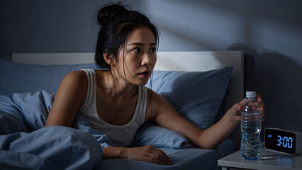 Woman sweating profusely in bed at 3 am, reaching for a water bottle due to night sweats or a nightmare, showcasing struggle with discomfort.