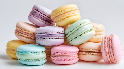 Colorful Macarons Stacked on a White Background.