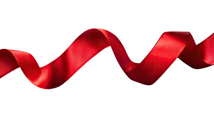 Red rolled ribbon with smooth curled loops and vibrant decorative texture creating elegant festive detail isolated on white background