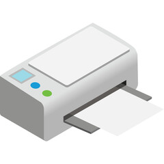 White Isometric Printer with Blue and Green Buttons Printing Paper on a Transparent Background