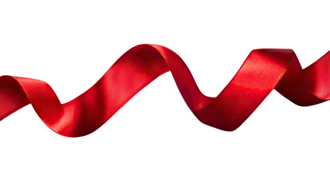 Red rolled ribbon with smooth curled loops and vibrant decorative texture creating elegant festive detail isolated on white background