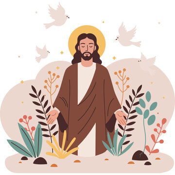 Jesus Christ with doves and plants illustration religion faith spirituality Christianity peace holy spirit