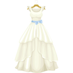Fototapeta premium White layered wedding dress with light blue ribbon detail hanging on a wooden hanger white background detailed illustration