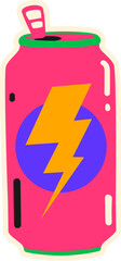 Fast food energy drink can retro Y2K sticker or symbol. Street food soda funky nostalgic vector sticker, takeout menu patch. Fast food tag with lightning bolt on sweet beverage aluminum can or bottle