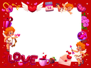Fototapeta premium Valentines day greeting card, banner or holiday photo frame with hearts, cherubs and festive items. Vector romantic festive rectangular border for messages or invitations, featuring cartoon angels