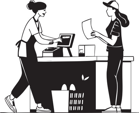 Cashier assisting customer with purchase at checkout counter, modern retail experience illustration showing transaction process. - Powered by Adobe