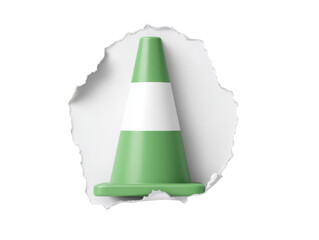 Green Traffic Cone Breaking Through Paper on a Transparent Background