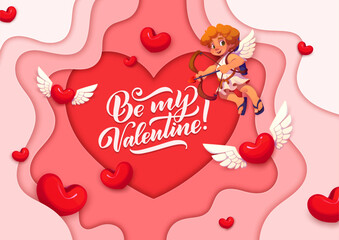 Fototapeta premium Be my valentine paper cut greeting card with cherubs. Vector romantic banner featuring red 3d heart frame with elegant script. Cheerful cupid with a bow and arrow floats surrounded by soft pink layers