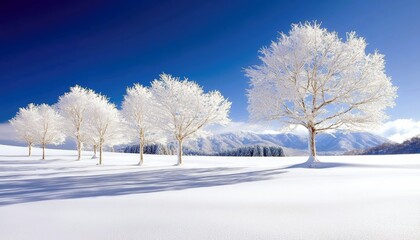 A row of snow-covered trees stand in a winter landscape with mountains in the background under a bright blue sky. The scene is bathed in sunlight.