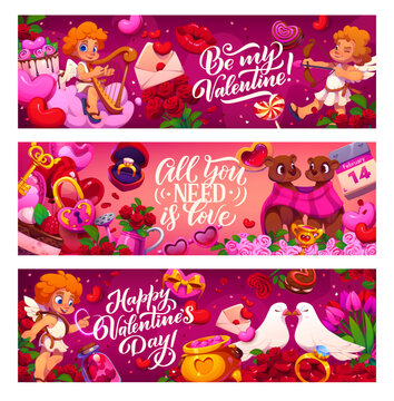 Valentine day holiday banners with love characters and hearts, vector greetings. Valentine day banners with cupid angels, kiss lips and doves couple, love message envelope and pink clouds with flowers