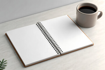 Open spiral notebook and coffee mug on a table