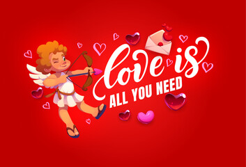 Fototapeta premium Love is all you need valentines day quote phrase. Vector delightful romantic greeting card featuring cute cherub aiming with a bow, surrounded by flying hearts, and letter envelope on red background