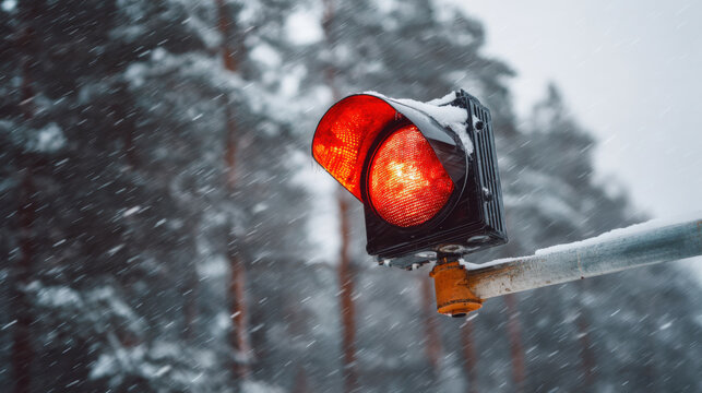 Red traffic light illuminated in a snowy landscape, surrounded by blurred trees, signaling caution and safety in winter weather conditions, conveying a sense of urgency and alertness
