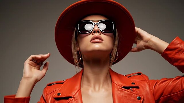 A fashionable woman confidently poses in an orange leather jacket, hat, and sunglasses against a studio background, exuding modern style and glamour.