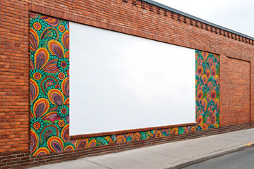 Blank white billboard on brick wall with colorful mural border