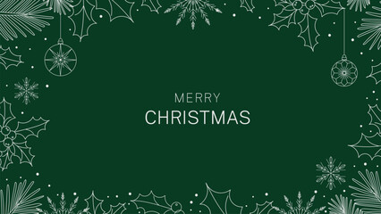 Merry Christmas dark green vector background frame; Holly pine snowflake line art border; Winter holiday greeting card illustration