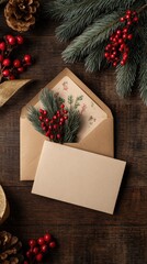 A cozy arrangement of festive elements, featuring an envelope with holiday decorations, pine branches, and berries on a rustic wooden surface.
