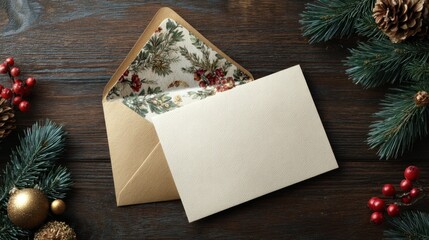 A festive envelope with decorative lining sits on a wooden table, surrounded by holiday decorations including pine branches and ornaments.