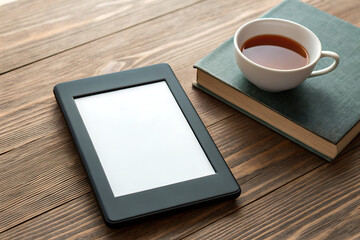 Ereader and book with cup of tea on wooden table