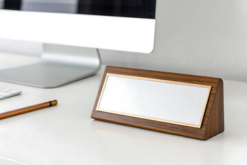 Blank wooden name plate on desk next to computer and pencil