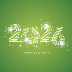 2026 New Year abstract light green white multiply line design of 2026 year numbers shining glitter sparkle firework green background greeting card © simbos