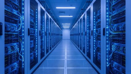 Futuristic glass wall interior of a network server room with racks of servers and connecting cables along an empty urban corridor