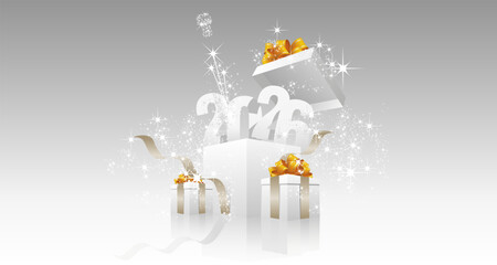 Happy New Year 2026 sparkle firework, gift boxes on silver grey background