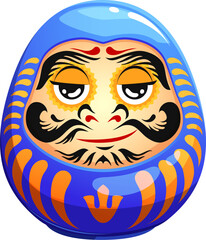 Cartoon Japanese chill blue daruma doll. Asia luck symbol , Japanese culture samurai toy vector personage. Japan traditional Daruma doll or Asian Bodhidharma face character with calm face