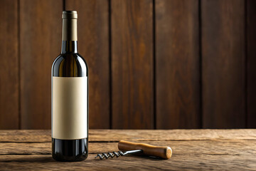 Dark glass wine bottle with blank label and corkscrew on rustic wooden surface