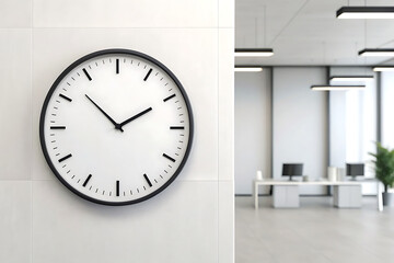 Modern office interior with wall clock and desks
