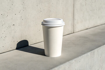 Minimalist white coffee cup with shadow on concrete background