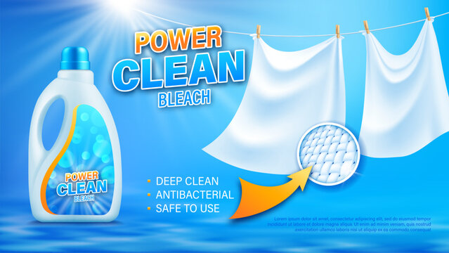 Realistic laundry detergent cleaner bottle poster and clean white linen, vector ad template. Laundry liquid detergent bottle with bleach and antibacterial effect with hanging white clean bedsheets