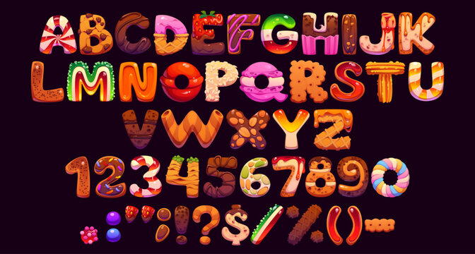 Sweet candy type, dessert font, cartoon bakery typeface, pastry confectionery english alphabet set. Vector typography sweet letters and numbers font of cake, chocolate, cupcake and ice cream desserts