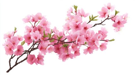Fototapeta premium Delicate pink cherry blossoms are arranged on a slender branch. The flowers bloom vibrantly heralding the arrival of spring with bright colors and a fresh atmosphere.
