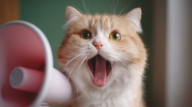 A fluffy orange and white cat stands with an open mouth as if meowing into a pink megaphone. The setting is bright and cozy giving a fun and energetic vibe.