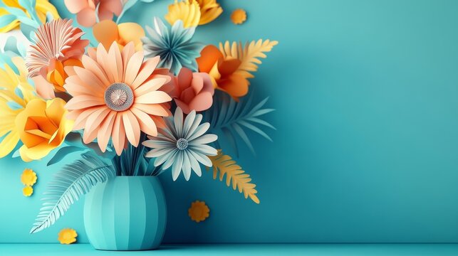 Origami flowers and paper bouquets in art with 3D rendering for creative expression. Digital daisy floral artwork for posters or room decorations in mockup space, Generative AI - Powered by Adobe