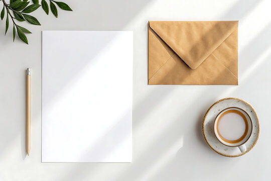 Flat lay of blank paper envelope pencil and coffee cup with natural light