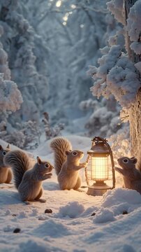 Cozy Squirrel Gathering Around a Lit Lantern in a Deep Winter Forest