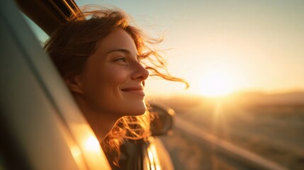 A joyful young woman leans out of a car window smiling as she watches the sun setting over the horizon. Her hair flows with the wind on a scenic drive.