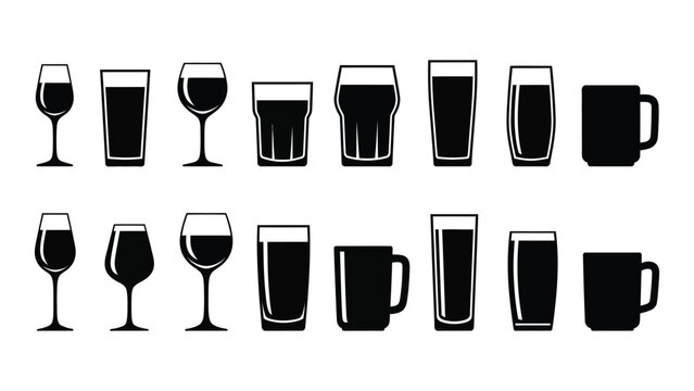 Silhouette collection of drinking glasses and mugs isolated on white background, Vector