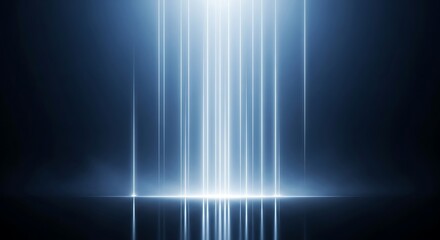 Abstract vertical streaks of bright blue light emanating from a glowing white source against a dark moody and atmospheric background creating a sense of energy and mystery