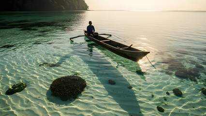 Fototapeta premium Traditional Canoe in Kepulauan Mentawai Sumatra Barat Lagoon at Sunrise