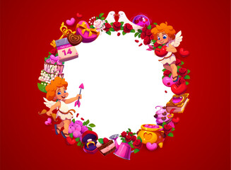 Fototapeta premium Valentine day holiday banner with hearts and cupids in frame of love symbols, vector greeting card. Valentine day, wedding or marriage banner with doves couple kissing, diamond ring and chocolates
