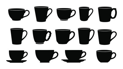 Collection of mugs and cups silhouettes isolated on white background, Vector