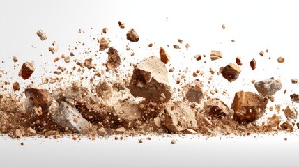 Dust clouds fill the air as rocks and debris scatter violently in a construction area. The moment captures the force and chaos of heavy machinery in action during daybreak.