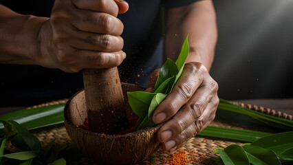 Traditional Healer Hands Preparing Herbal Medicine in Kepulauan Mentawai Sumatra Barat