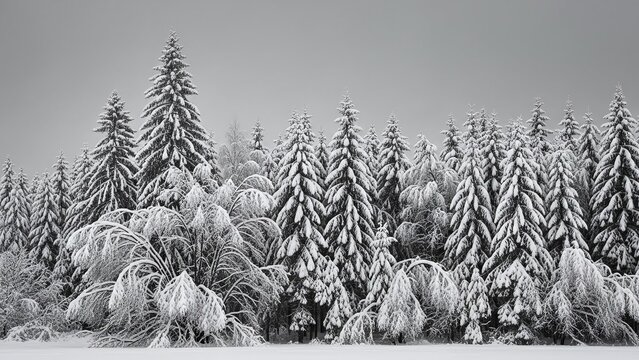 A beautiful winter landscape captures a dense forest of tall evergreen trees and smaller bushes, all heavily covered in fresh, pristine snow, creating a serene monochromatic scene