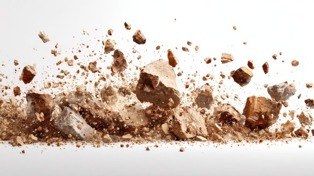 Dust clouds fill the air as rocks and debris scatter violently in a construction area. The moment captures the force and chaos of heavy machinery in action during daybreak.