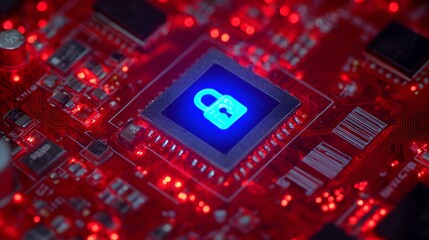 Cybersecurity concept with glowing blue lock on red circuit board.