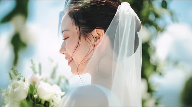 結婚式で白いウェディングドレスを着て花束のブーケを持っている笑顔の女性